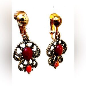 Vintage Avon Dangle Earrings Jeweled Faux Coral  Clip-On Goldtone Bohemian